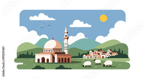 Flat vector illustration of mosque on highland plateau with sheep and cloudy mountains, showing rural Islamic landscape
