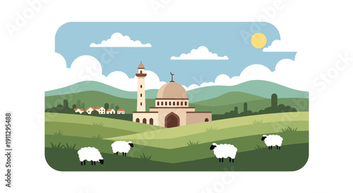 Flat vector illustration of mosque on highland plateau with sheep and cloudy mountains, showing rural Islamic landscape