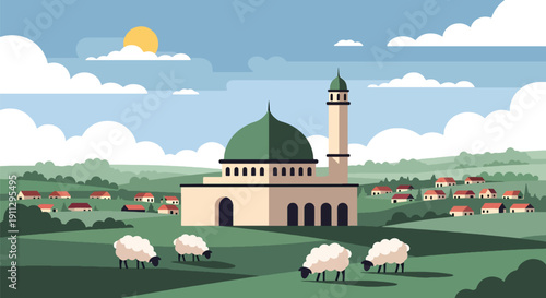 Flat vector illustration of mosque on highland plateau with sheep and cloudy mountains, showing rural Islamic landscape