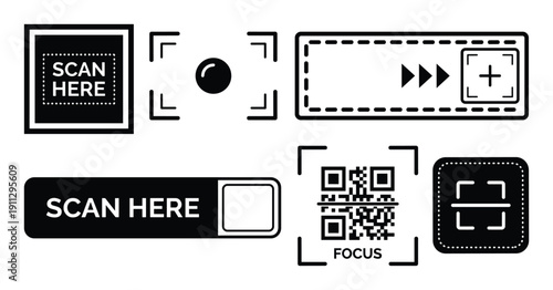 Collection of scan here qr code scanner interface elements and buttons
