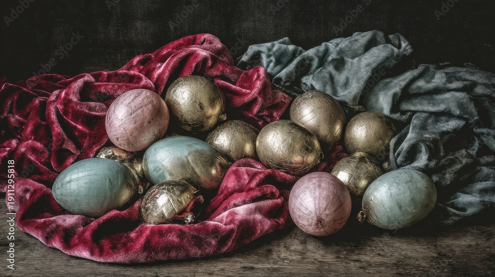 Obraz premium A still life arrangement of vintage Christmas ornaments nestled within luxurious crushed velvet fabric.