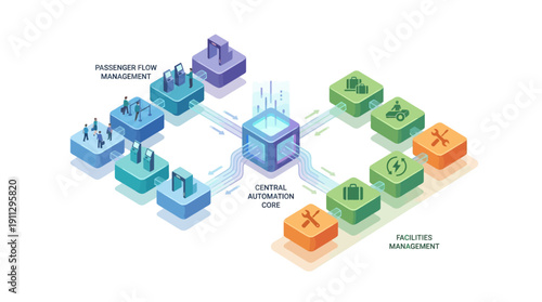 Isometric Smart Airport SaaS Platform Diagram for Passenger Flow and Facilities Management Automation System