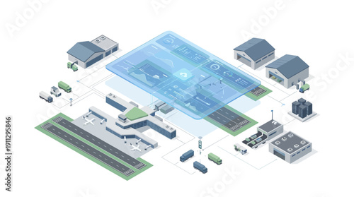 Isometric Smart Airport Management SaaS Platform with Digital Data Dashboard for Aviation Logistics, Air Traffic Control Technology, and Supply Chain Infrastructure Visualization