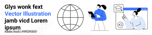 Online education, global communication, remote learning, technology use, virtual interaction, e-learning tools. A globe, a person with a tablet and a digital learning interface. Online education