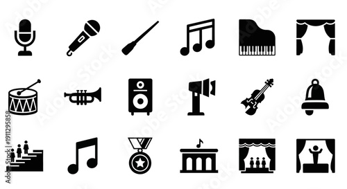 A collection of 20 black and white icons representing various musical instruments, performance elements, and audio equipment.