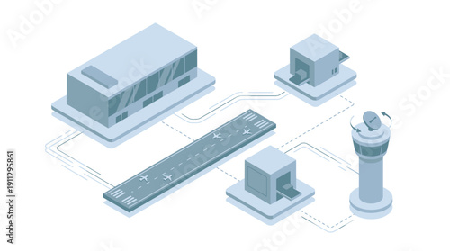 Isometric Airport Management SaaS Illustration with Control Tower and Runway for Aviation Software, Logistics Technology, and Digital Infrastructure Concept