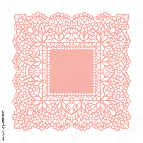 Decorative pink paper doily with ornate floral pattern