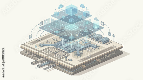 Isometric Smart Airport Management System Illustration with Cloud Data Layers and Aviation Technology SaaS Interface for Digital Transformation and Logistics Infrastructure