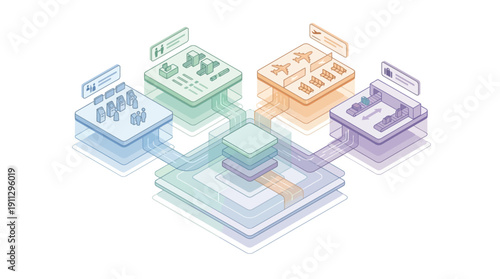 Isometric Airport Management SaaS Illustration for Integrated Aviation Logistics, Passenger Flow, Security, and Flight Operations Data Hub for Digital Transformation