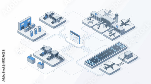 Isometric Airport Management SaaS Platform Illustration, Smart Aviation Logistics Cloud System with Data Dashboard and Airplane Terminals, Minimal Blue Line Art for Corporate Presentation