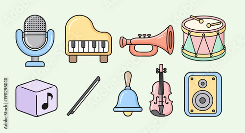 A collection of colorful cartoon illustrations of various musical instruments and audio equipment, presented on a light green background.