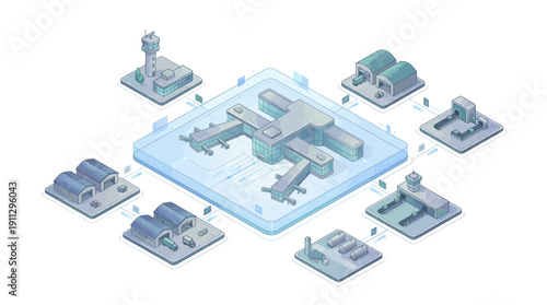 Isometric Airport Management Software SaaS Illustration for Aviation Logistics, Smart Infrastructure, and Digital Air Traffic Control Interface on White Background