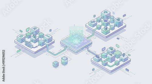 Isometric Airport Management SaaS Software Platform Illustration showing Interconnected Data Flow and Logistics Systems for Aviation Technology and Smart Infrastructure Design