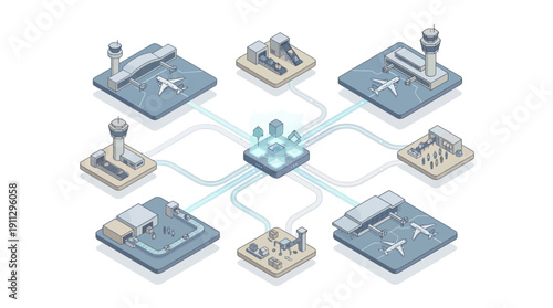 Isometric Smart Airport Management Software System with Central Data Hub, Aviation Logistics SaaS Platform, and Automated Terminal Operations for Digital Transformation