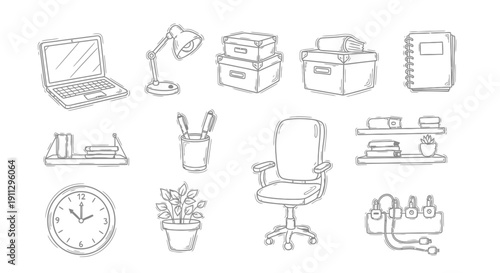 A collection of hand-drawn illustrations of office supplies and furniture, including a laptop, desk lamp, storage boxes, notebook, shelves, chair, clock, plant, and charging cables.