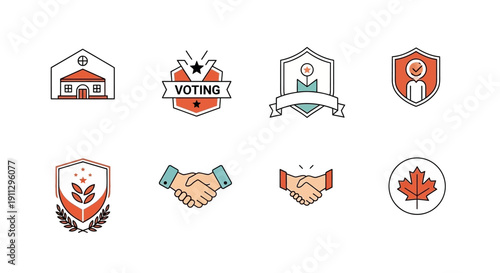 A collection of vector icons representing voting, government buildings, diplomacy, and Canadian symbols.