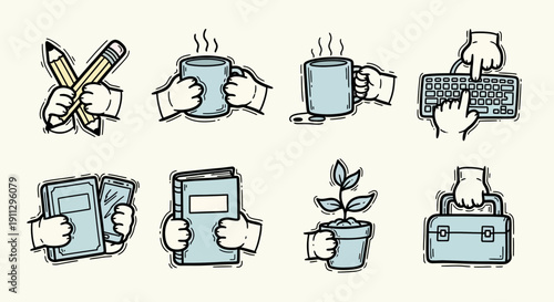 Collection of hand-drawn icons depicting various office and creative activities, including writing, drinking coffee, typing, reading, and carrying tools.