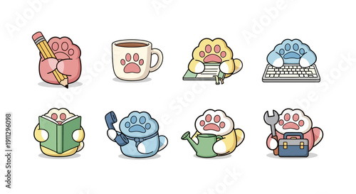 Collection of cute cartoon paw print characters engaged in various daily activities and tasks, representing different professions and hobbies.
