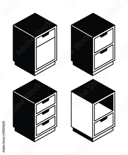 Four isometric black furniture objects including chests and cabinets