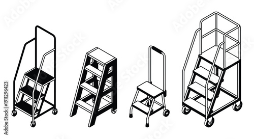Industrial step ladders and safety mobile platforms with handrails for warehouse and maintenance work