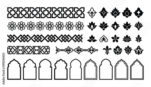 Islamic arch collection with floral motifs and geometric border elements