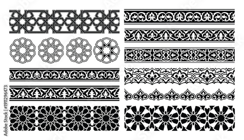 Islamic geometric borders and floral pattern elements in black outline style