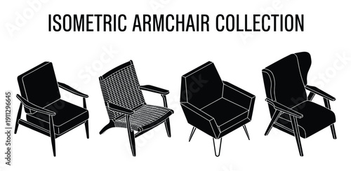 Isometric black armchair collection, elegant furniture for modern interior design elements
