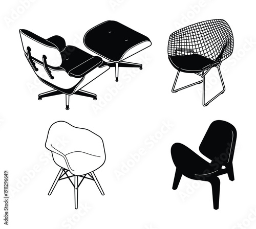 Isometric black chairs with armrests, classic furniture for modern interior design elements
