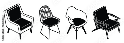 Isometric black chairs and armchairs, elegant furniture for modern interior design elements