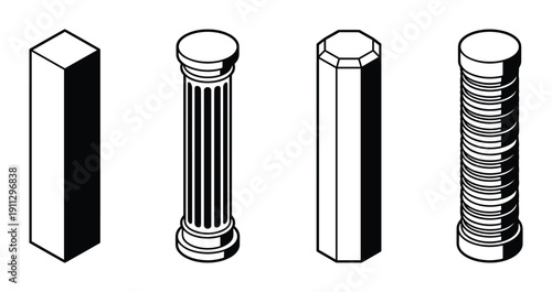 Isometric concrete pillars solid black shapes set outline illustration on transparent background design element