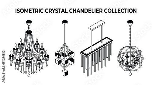 Isometric crystal chandelier collection, featuring ornate designs and suspended crystal elements