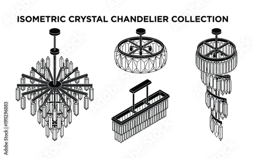 Isometric crystal chandelier collection, diverse lighting fixtures with modern and classic designs