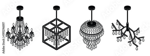 Isometric crystal chandelier designs, featuring various shapes and hanging crystal details
