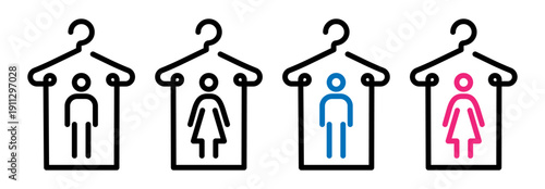 Male and female changing room symbol. Line outline vector icon in monochrome and bright colors for wardrobe, fitting room, cloakroom and public locker spaces.