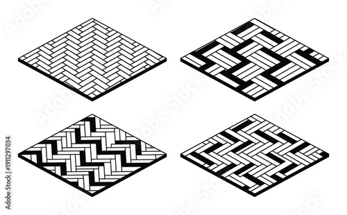 Isometric herringbone parquet floor collection outline vector set, wooden flooring patterns design, line art style