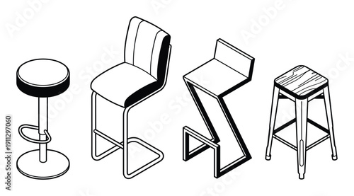Isometric high bar stools collection for interior furniture design isolated on transparent background