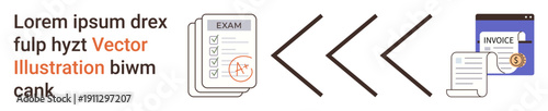 Information management, workflow processes, document transfer, educational assessments, invoicing, digital archives. Exam papers followed by arrows and an invoice. Information management and workflow