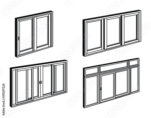 Isometric line art of sliding door and window systems, contemporary architectural designs