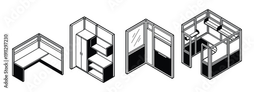 Isometric office cubicle vector set isolated on transparent background, outline drawing furniture