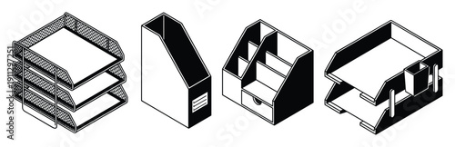Isometric office desk document tray and organizer set in black and white line art style
