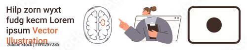 Health research, neuroscience, diagnostics, cognitive studies, medical innovation, brain imaging. Doctor pointing to brain diagram on a screen. Health research and neuroscience concepts