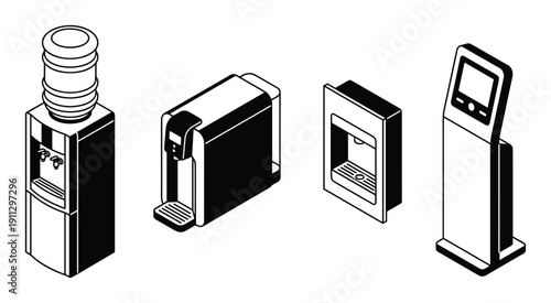 Isometric office hydration equipment including water bottle cooler and touch screen kiosk