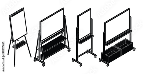 Isometric presentation easel and whiteboard set on wheels, office equipment for meetings