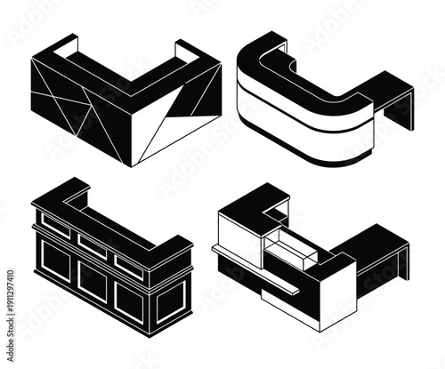 Isometric reception desk and counter set, modern furniture for office or reception area