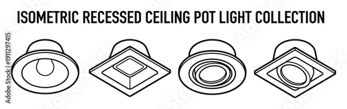 Isometric recessed ceiling light collection with circular and square mounting styles for modern rooms