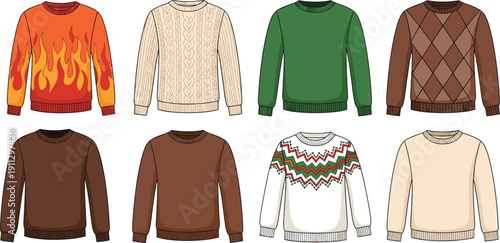 Set of various winter sweaters and jumpers, cozy knitted autumn fashion apparel, wool pullover collection, seasonal clothing flat vector illustrations.