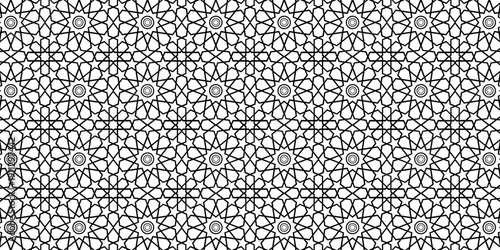 A seamless black-and-white Islamic geometric pattern featuring repeating star and circular motifs arranged in an intricate symmetrical lattice