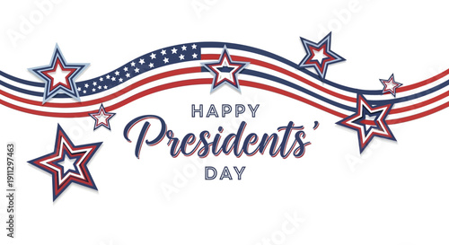 A graphic illustration of a Happy Presidents' Day message with red, white, and blue stars and stripes on a white background, conveying a patriotic and celebratory mood.