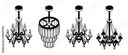 Isometric set of classic chandelier designs, featuring multiple arms and candelabra style lights