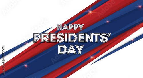 A graphic illustration of Happy Presidents' Day with a patriotic background of red, white and blue stripes, conveying a sense of American democracy and freedom.